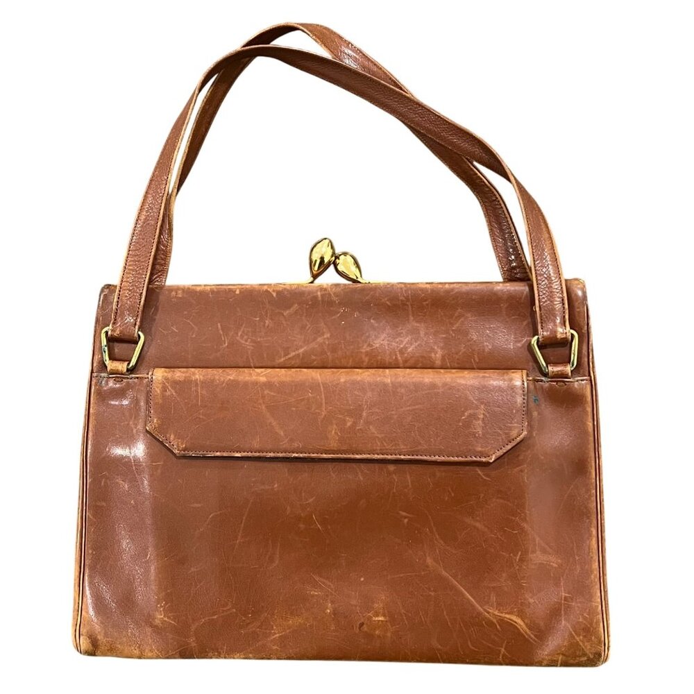 Koret Vintage Brown Leather Top Handle Clasp Purse With Gold Accents & Black Int